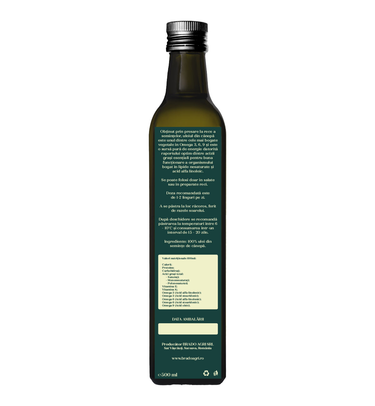 Ulei de cânepă Brado Agri – presat la rece, 500 ml - imagine 2